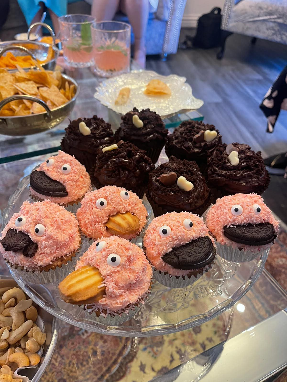 Triple chocolate and pink monster cupcakes.