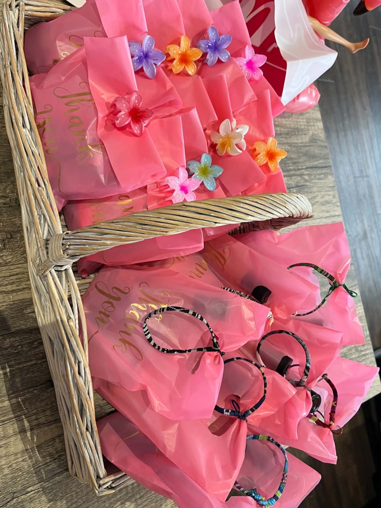 Prepared party favour bags arranged for guests.